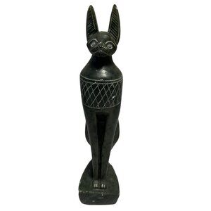 Vintage Hand Carved Soap Stone Egyptian Cat Goddess Bastet Figurine Green Heavy